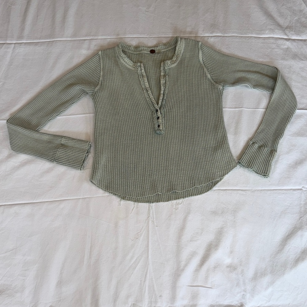 Free People Sage Green Waffle Knit Long Sleeve Henley